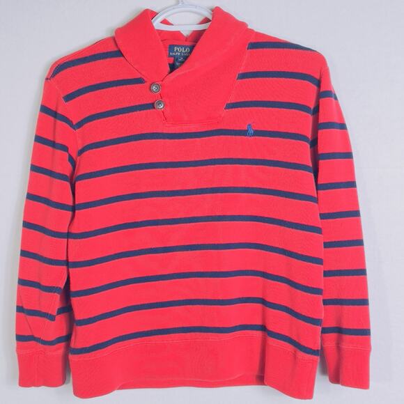 Polo Ralph Lauren Red Navy Stripe Shawl Collar Sweater Boys M 10-12 100% Cotton - Picture 4 of 11